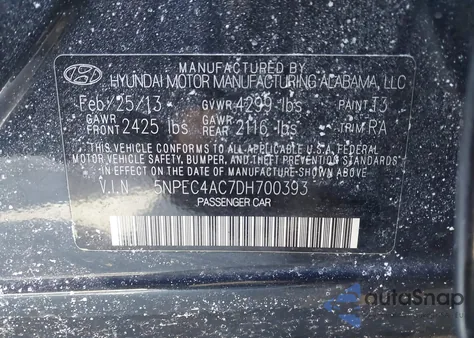 2013 Hyundai Sonata Se z USA, uszkodzony, nr VIN 5NPEC4AC7DH700393